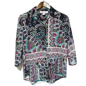 Gloria Lance Button-Up Blouse Paisley Silver Stripes Vintage Women's Sz S Boho